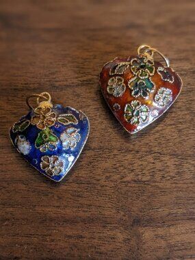 Vintage Cloisonne Heart Charm Pendants (Set of 2)